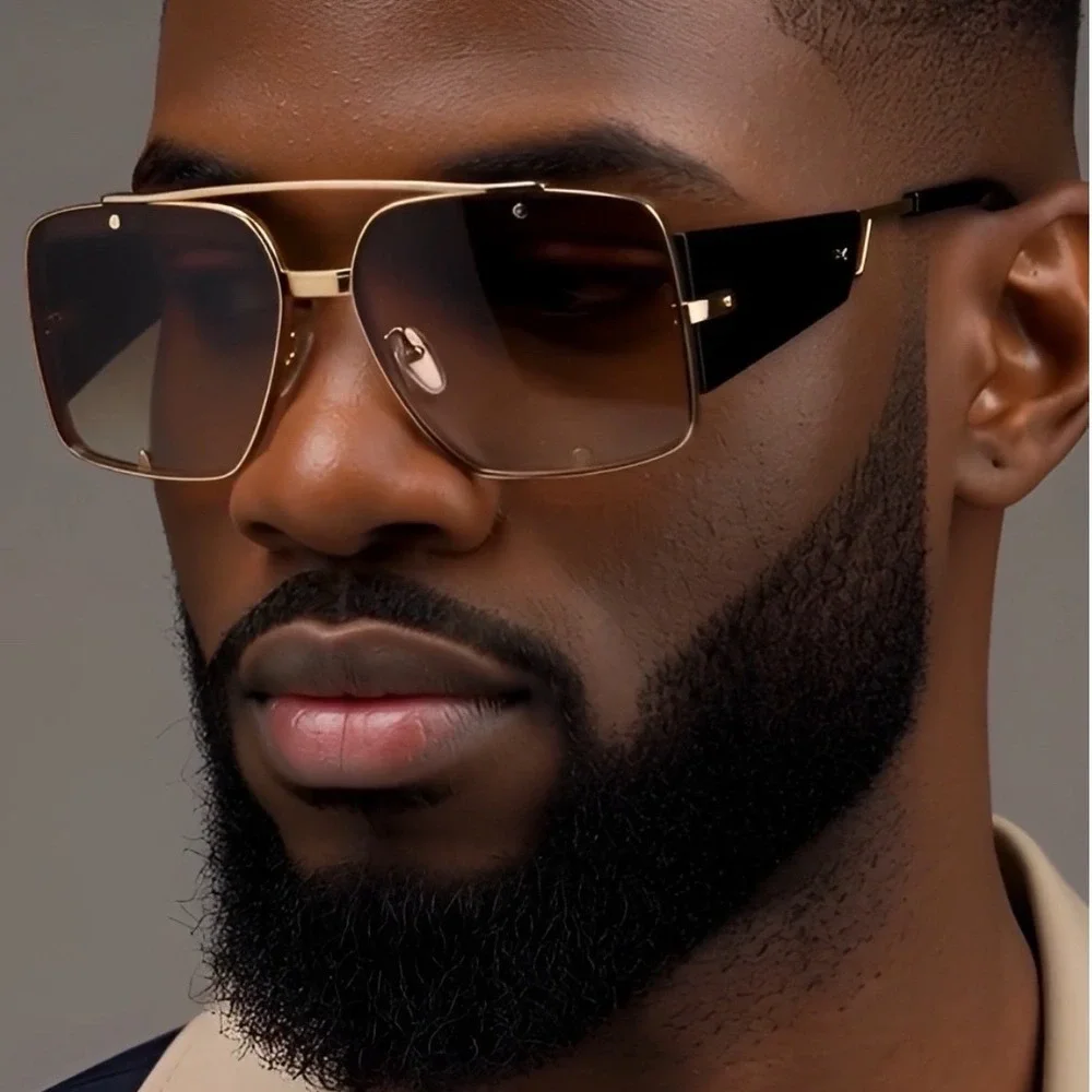 Mens Oversize Square Sunglasses Gold Frame Gradient Brown Lenses Fashion Eyewear